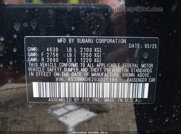 4S3BWAD62S3025186 2025 SUBARU LEGACY Черный Вид подкапотного пространства