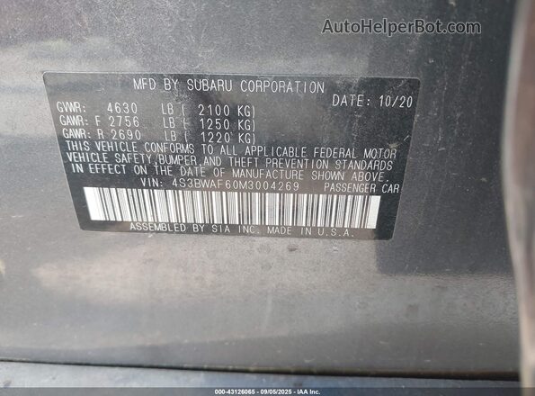 4S3BWAF60M3004269 2021 SUBARU LEGACY Серый Вид подкапотного пространства