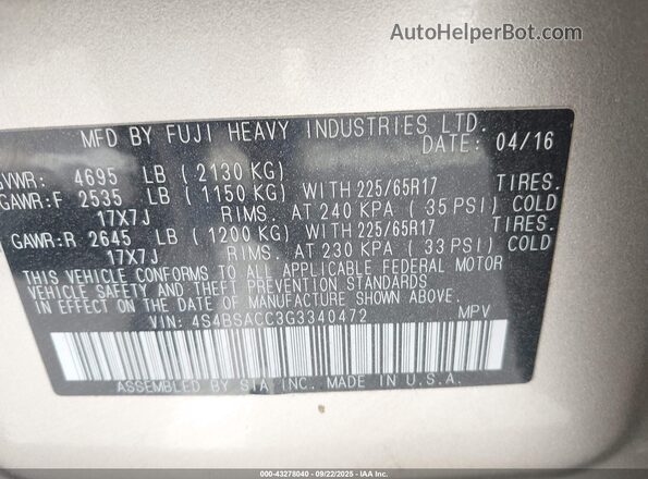 4S4BSACC3G3340472 2016 SUBARU OUTBACK Champagne Вид подкапотного пространства