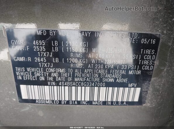 4S4BSACC8G3347000 2016 SUBARU OUTBACK Green Engine compartment view