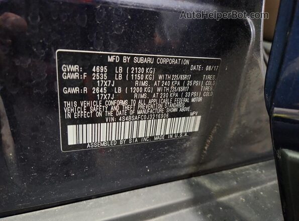 4S4BSAFC0J3216906 2018 SUBARU OUTBACK Blue Widok naklejki z numerem VIN