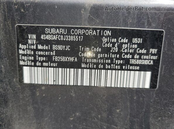 4S4BSAFC0J3385517 2018 SUBARU OUTBACK Gray Vista de la etiqueta del VIN