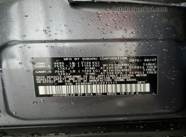 4S4BSAFC2J3211111 2018 SUBARU OUTBACK Charcoal 360 interior view