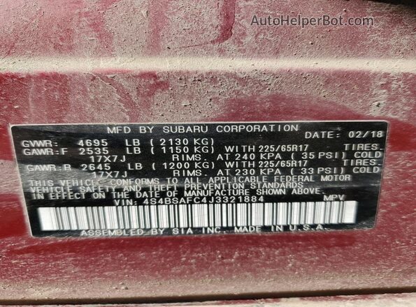 4S4BSAFC4J3321884 2018 SUBARU OUTBACK Maroon Widok wnętrza 360 stopni