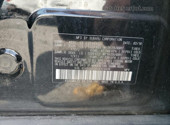 4S4BSAFC4J3323036 2018 SUBARU OUTBACK Black VIN sticker view
