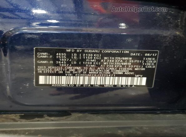 4S4BSAKC6J3225471 2018 SUBARU OUTBACK Blue Widok naklejki z numerem VIN
