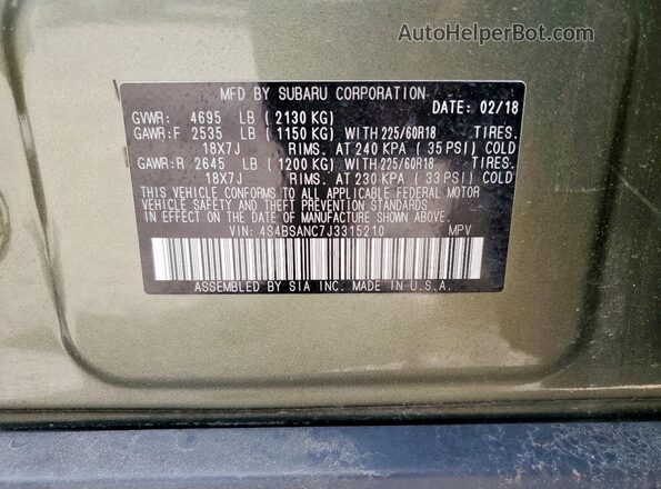 4S4BSANC7J3315210 2018 SUBARU OUTBACK Green Widok naklejki z numerem VIN