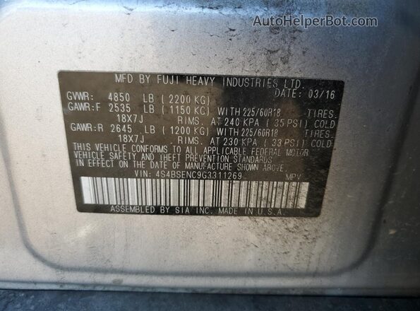 4S4BSENC9G3311269 2016 SUBARU OUTBACK Серебряный Вид наклейки с VIN-кодом