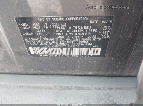 4S4BSENCXJ3348757 2018 SUBARU OUTBACK Gray Widok komory silnika