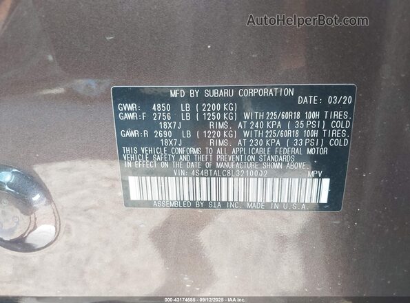 4S4BTALC8L3210002 2020 SUBARU OUTBACK Brown Vista del compartimento del motor