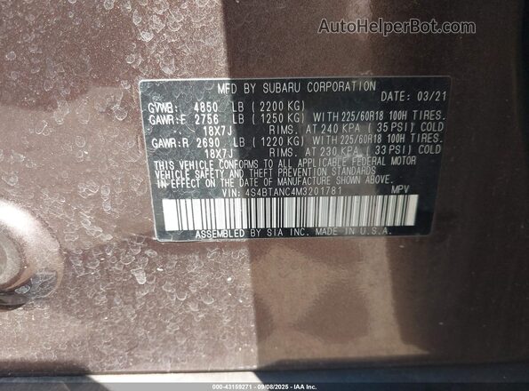 4S4BTANC4M3201781 2021 SUBARU OUTBACK Коричневый Вид подкапотного пространства