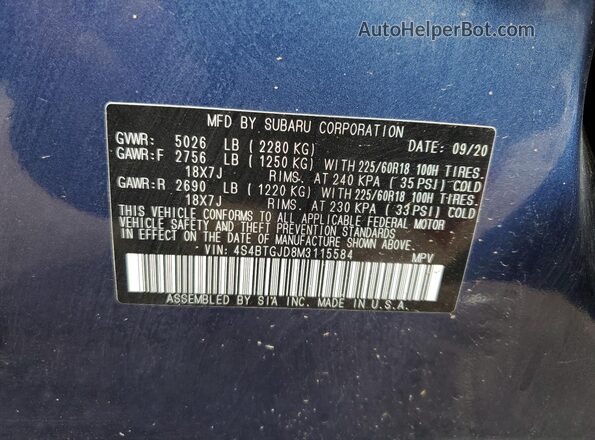 4S4BTGJD8M3115584 2021 SUBARU OUTBACK Blue VIN կոդի պիտակի տեսք
