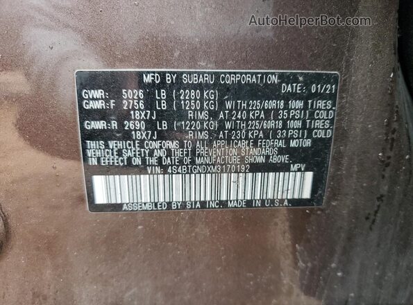 4S4BTGNDXM3170192 2021 SUBARU OUTBACK Brown VIN sticker view