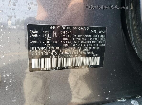 4S4BTGPD2M3105690 2021 SUBARU OUTBACK Gray Vista de la etiqueta del VIN