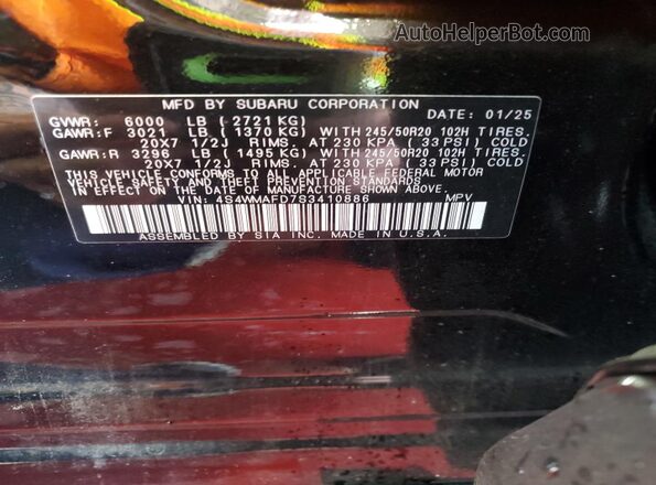 4S4WMAFD7S3410886 2025 SUBARU ASCENT Черный Вид наклейки с VIN-кодом