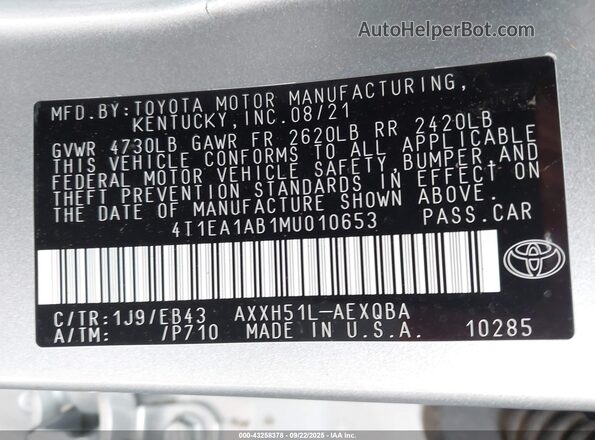 4T1EA1AB1MU010653 2021 TOYOTA AVALON Серебряный Вид подкапотного пространства