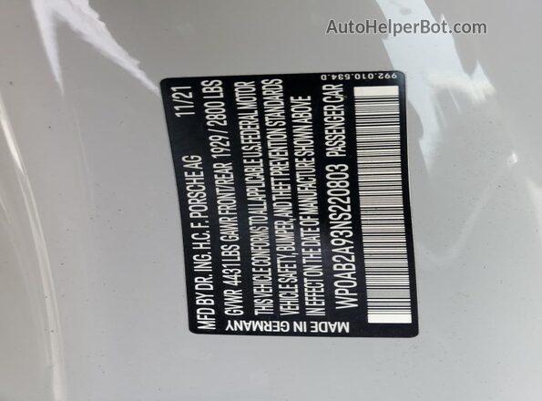 WP0AB2A93NS220803 2022 PORSCHE 911 Серебряный Вид наклейки с VIN-кодом