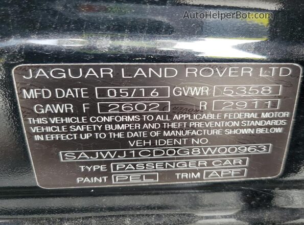 SAJWJ1CD0G8W00963 2016 JAGUAR XJ Black Widok naklejki z numerem VIN