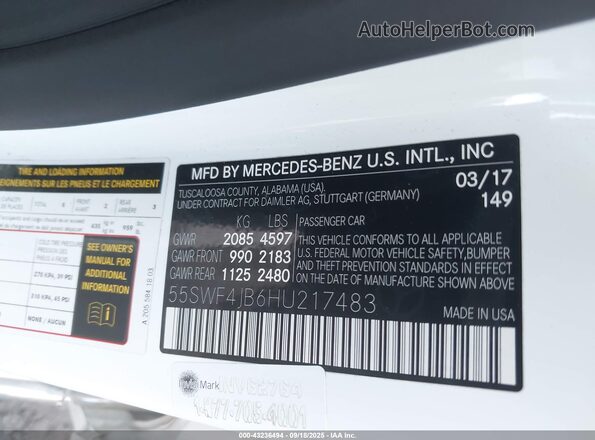 55SWF4JB6HU217483 2017 MERCEDES-BENZ C-CLASS White ძრავის განყოფილების ხედი