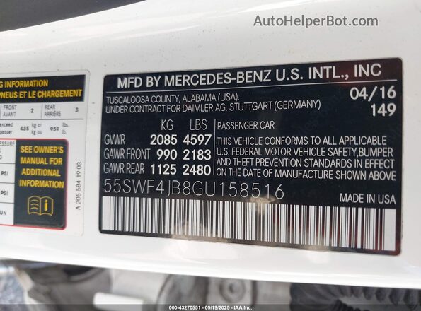 55SWF4JB8GU158516 2016 MERCEDES-BENZ C-CLASS White Widok komory silnika