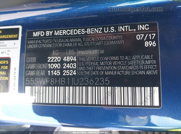 55SWF8HB1JU236235 2018 MERCEDES-BENZ AMG C 63 Blue Vista del compartimento del motor