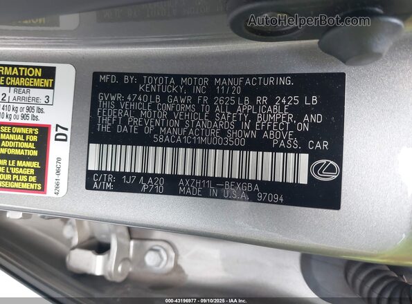 58ACA1C11MU003500 2021 LEXUS ES 300H Silver Вид підкапотного простору