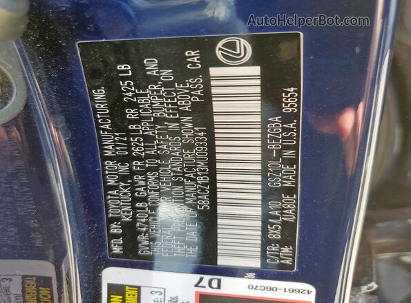 58ACZ1B13MU093341 2021 LEXUS ES Blue Widok komory silnika