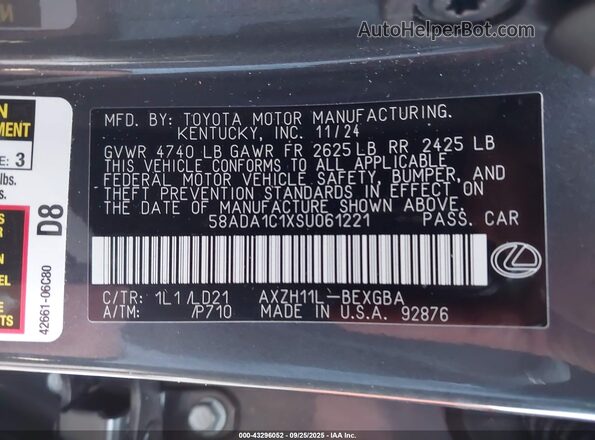 58ADA1C1XSU061221 2025 LEXUS ES Серый Вид подкапотного пространства