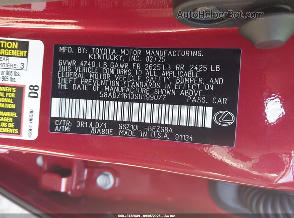58ADZ1B13SU199077 2025 LEXUS ES 350 Красный Вид подкапотного пространства