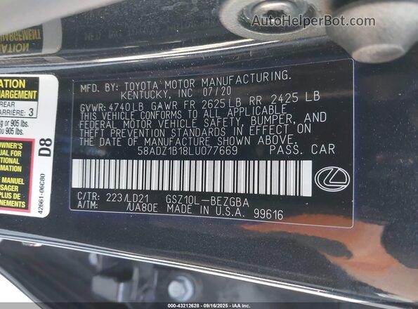 58ADZ1B18LU077669 2020 LEXUS ES 350 Черный Вид подкапотного пространства