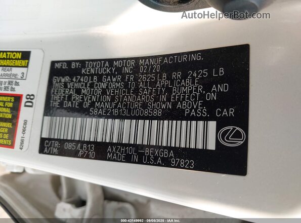 58AE21B13LU008588 2020 LEXUS ES 300H Белый Вид подкапотного пространства
