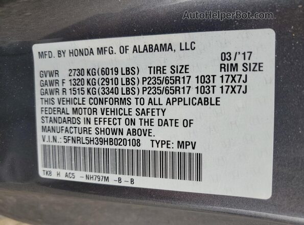 5FNRL5H39HB020108 2017 HONDA ODYSSEY Gray VIN կոդի պիտակի տեսք