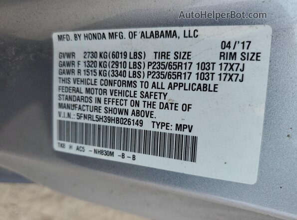 5FNRL5H39HB026149 2017 HONDA ODYSSEY Silver Vista de la etiqueta del VIN