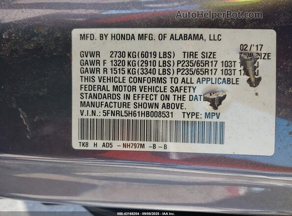 5FNRL5H61HB008531 2017 HONDA ODYSSEY Gray Widok komory silnika
