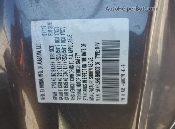5FNRL5H68HB005156 2017 HONDA ODYSSEY Charcoal VIN sticker view