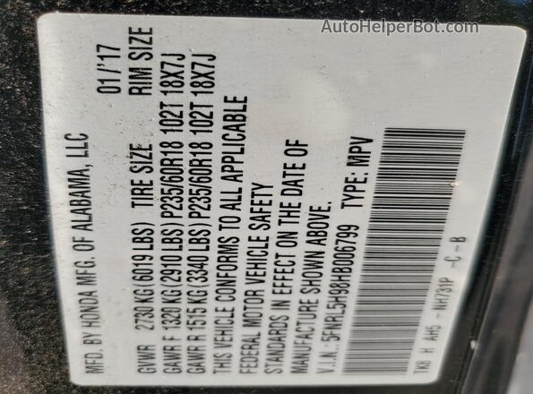 5FNRL5H98HB006799 2017 HONDA ODYSSEY Black Vista de la etiqueta del VIN