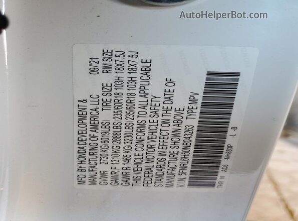 5FNRL6H50NB043263 2022 HONDA ODYSSEY White Вид наклейки з VIN-кодом