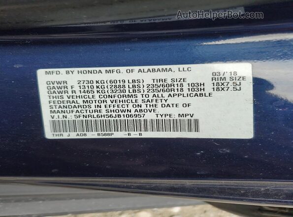 5FNRL6H56JB106957 2018 HONDA ODYSSEY Blue Vista de la etiqueta del VIN