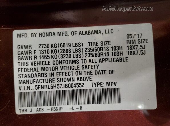 5FNRL6H57JB004552 2018 HONDA ODYSSEY Maroon Widok naklejki z numerem VIN