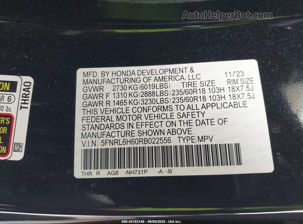 5FNRL6H60RB022556 2024 HONDA ODYSSEY Black Вид підкапотного простору