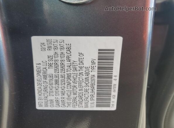 5FNRL6H64RB039764 2024 HONDA ODYSSEY Charcoal VIN კოდის სტიკერის ხედი