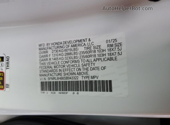 5FNRL6H66SB043322 2025 HONDA ODYSSEY White Vista interior de 360 grados