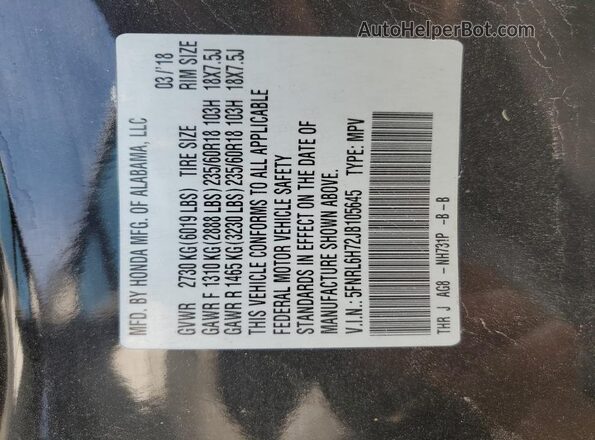 5FNRL6H72JB105645 2018 HONDA ODYSSEY Black Widok naklejki z numerem VIN