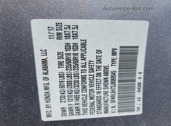 5FNRL6H73JB069545 2018 HONDA ODYSSEY Серебряный Вид наклейки с VIN-кодом