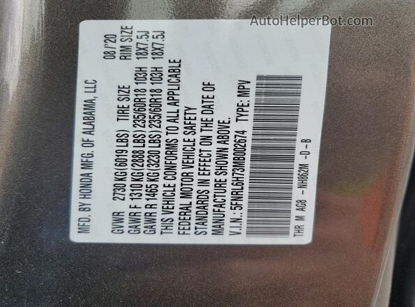 5FNRL6H73MB002674 2021 HONDA ODYSSEY Tan VIN კოდის სტიკერის ხედი