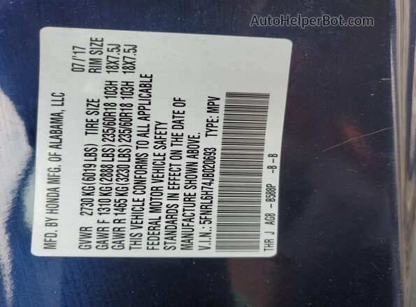 5FNRL6H74JB020693 2018 HONDA ODYSSEY Blue Vista de la etiqueta del VIN