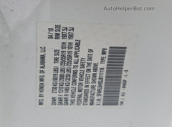 5FNRL6H93JB111116 2018 HONDA ODYSSEY Белый Вид наклейки с VIN-кодом