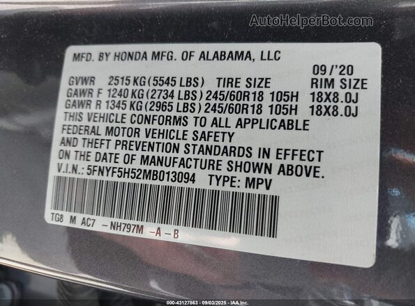 5FNYF5H52MB013094 2021 HONDA PILOT Gray Vista del compartimento del motor