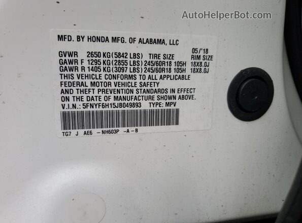 5FNYF6H15JB049893 2018 HONDA PILOT White Вид наклейки з VIN-кодом