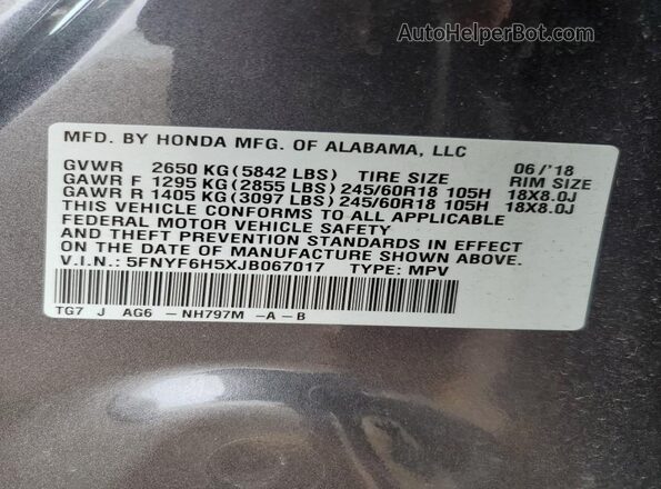 5FNYF6H5XJB067017 2018 HONDA PILOT Charcoal Vista del compartimento del motor